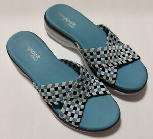 easy spirit E360+ sandals Size 8.5 Blue Slides Crisscross Design, Check Pattern