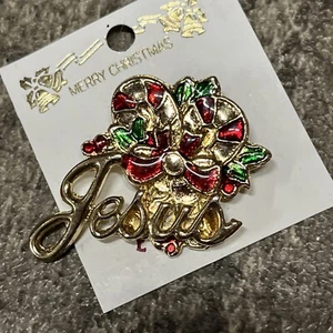 Jesus Gold Tone Christmas Candy Cane Brooch Pin - Picture 1 of 2