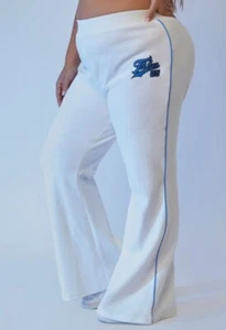 FUBU Forever 21 Plus Size 2X White Velour Blue Trim Track Pants Wide Leg - Picture 1 of 6