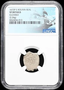 Silver Pirate Cob. Charles II, 1673AD. E Bolivia Real. Pillars/Cross. NGC VF. - Picture 1 of 2