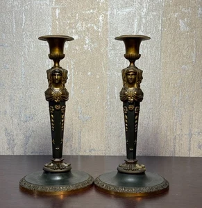 Pair of Vintage Neoclassical Style Bronze Candlestick Holders Lady Busts - Picture 1 of 11