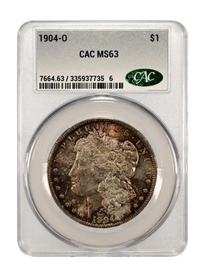 Dólar de plata Morgan 1904-O clasificación CAC (CACG) MS 63 *Tonificación arco iris* Foto 1 de 4