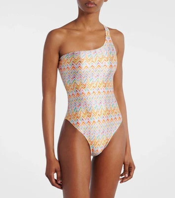 Missoni X6204 One Shoulder One Piece Swimsuit, Multi Micro Chevron, 46 US 10/XL - Image 1 of 4