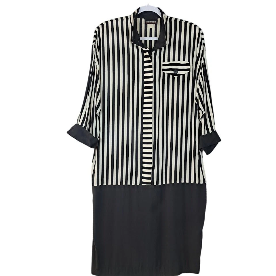 Vestido Camisa Vintage Años 80 JOHN ROBERTS 11/12 Negro Marfil Rayas Midi Manga Larga Foto 1 de 4