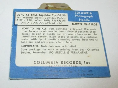 Aguja de zafiro Columbia W-1MGS 33/45 RPM para cartuchos Webster A1M1 A2M y más Foto 1 de 3