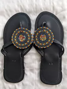 African Maasai Women Female Genuine Leather Beaded Flip-Flop Sandals BOHO 10.5 - Picture 1 of 12