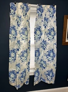 Vintage 1970 Oxford Gardine 63" blau weiß Blumen Faltenvorhänge Neu aus altem Lagerbestand - Bild 1 von 8