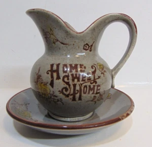 Pottery Pitcher Stoneware Vintage Japan Bowl Home Sweet Home Hand Painted Gray - Picture 1 of 14