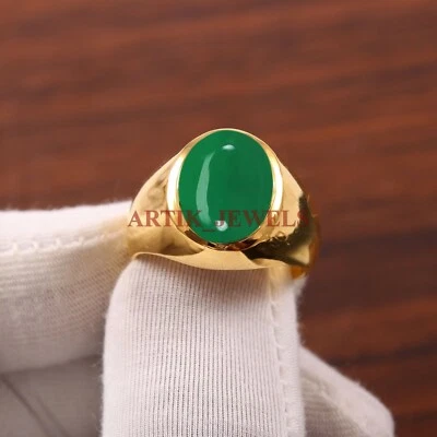 Natural Green Onyx Gemstone with Gold Plated 925 Sterling Silver Men's Ring 4788 - Image 1 of 4