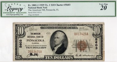 1929 $10 American National Bank Pensacola, Florida VF20 - CH# 5603 - Image 1 of 2