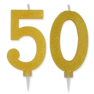 Kuchenkerzen Goldene Hochzeit 50. Geburtstag groß Glitzer 5 0 Torte Zahlen Kerze - Bild 1 von 1