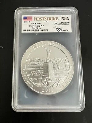 2011 GETTYSBURG NP ATB 5 Oz SILVER PCGS SP69 FIRST STRIKE FS MERCANTI SIGNED - Image 1 of 2