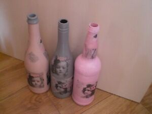 SHABBY CHIC  3 BOTTLES PINK  & GREY  DECOUPAGED WITH SAGEN IMAGES