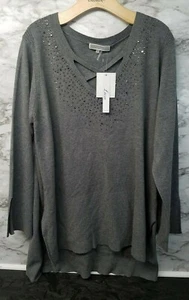 Neu mit Etikett Liquid by Sioni Pullover Longtop Tunika Nieten Wollmischung Übergröße 1X grau #E - Bild 1 von 3