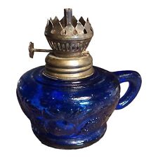 Vintage Miniature Cobalt Blue Glass Fruit Impressed Oil Lamp Hong Kong 4" Tall