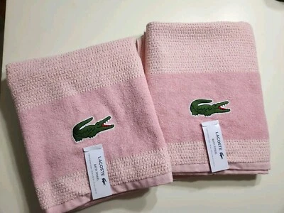 NWT LACOSTE PINK Cotton Bath Towels 30"x 52" Big Crocodile Logo Set Of 2 - Image 1 of 4