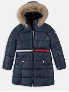 Tommy Hilfiger Girls Navy Long Faux Fur Trim Zip Hooded Puffer Jacket NWT 5/6 - Picture 1 of 6