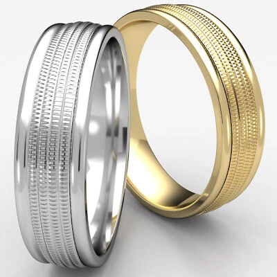 6mm Milgrain Center Round Edge Man Men's Women's Wedding Band White Gold Ring - Image 1 of 4