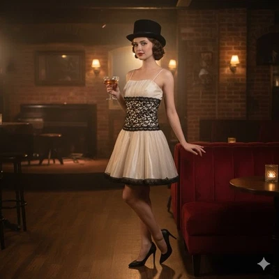 Vestido de fiesta Jessica McClintock para Gunne Sax negro y crema de tul y encaje Foto 1 de 4