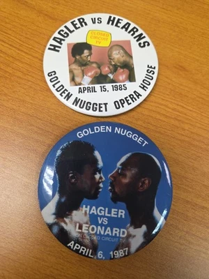 Boxing Pins Hagler-Hearns '85 & Hagler-Leonard '97, Both 3.5 Inch, Golden Nugget - Image 1 of 4