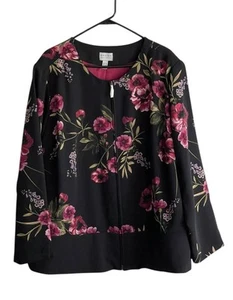 SUSAN GRAVER Jacket 28W Black Pink Floral STRETCH SATEEN Full Zip Career Formal - Picture 1 of 7