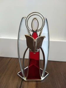 Vintage Red and White Stained Glass Angel Christmas Bible Halo Candle Holder - Picture 1 of 6