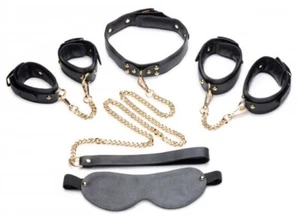 Gold Submission Dom Roleplay Kit Collar Blindfold Ankle Wrist Cuffs Master Slave - Picture 1 of 13