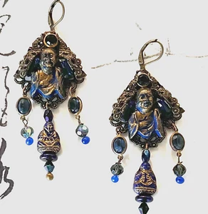 Vintage Hand Painted OOAK Selro Style Double Buddha Earrings, Midnight Navy Blue - Picture 1 of 3