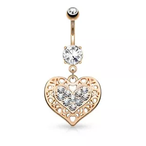 Piercing nombril coeur filigrane or rose - Photo 1/1