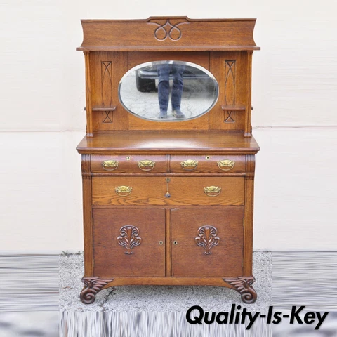 Antique Victorian Oak Wood Sideboard Buffet with Mirror Hutch Backsplash Shelf Cover