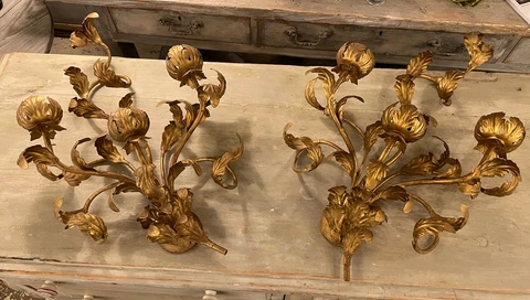 Matching Pair Of Gilt Metal French Antique Flower Chandeliers Cover