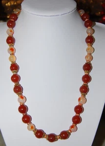 FANTASTIC LONG STRAND NECKLACE OF CARNELIAN COLORED GLASS RONDELS & METAL CAPS  - Picture 1 of 10