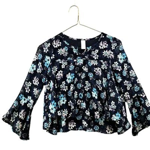 Justice Girls Size 8 Chiffon Blouse Navy Blue Floral Bell Sleeve Sheer Sleeve - Picture 1 of 6