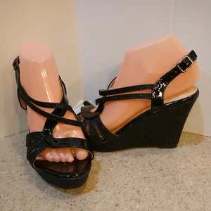 Forever Women's Black Patent Glitter Wedge Heel Shoes Sz 9 NEW - Picture 1 of 9