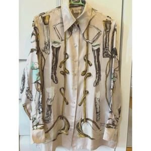 Hermes Rare Silk Blouse Scarf Boot Pattern Shirt Pink Women's Size 38. - Picture 1 of 5