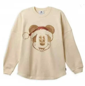Disney World Mickey Mouse Sequins Christmas Santa Beige Sweatshirt Boy's LARGE - Picture 1 of 9