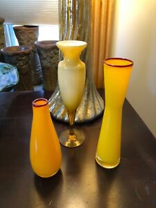 Set 3 Mid Century Modern ITALY Murano Art Glass Vase Amber Yellow Ribbed Vintage