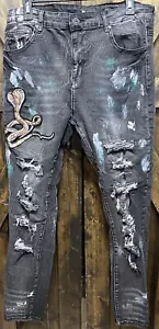 Pantalones de mezclilla negros WAIMEA ajustados - talla 36 x 32 diseño de serpiente bordado enredado - Imagen 1 de 23