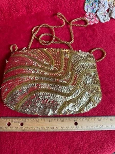 Ladies Clutch Gold Beaded Clutch with Long Beaded Hanging Strap - Picture 1 of 9