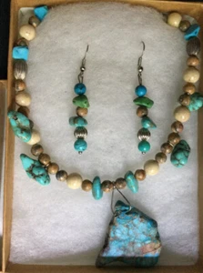 Funky OOAK Blue Green Turquoise Bead Chunky Handmade Necklace Earring’s Set Boho - Picture 1 of 7