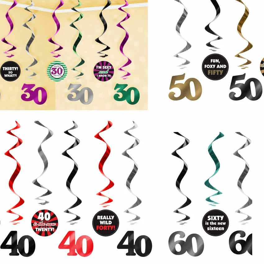 Swirl Set Geburtstag 7x Hänge-Girlanden mit Jahreszahl und witzigen Sprüchen - Bild 1 von 1