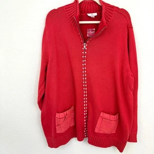 Quacker Factory Womens Zip Front Sweater Size 2X Embellished 100% Cotton Red - Picture 1 of 7