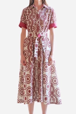 Evi Grintela Valerie Floral Embroidered Eyelet Lace Midi Shirt Dress Red Belt M - Image 1 of 4