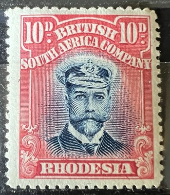 Sello Rhodesia 1913 British South Africa Company 10d azul profundo y rojo carmín MH Foto 1 de 2