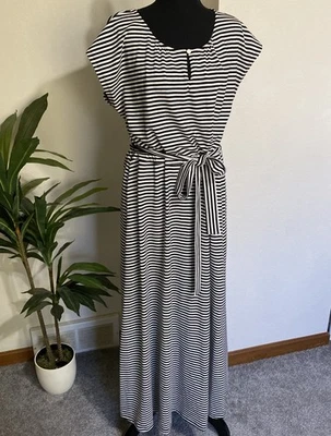 Maxi Vestido Talbots Azul Marino Blanco Rayas XL Náutico Cinturón Gorra Slv Jersey Elástico Foto 1 de 4