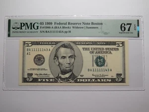 $5 1999 Fancy Near Solid Serial Number Federal Reserve Bank Note Bill #11111143 - Picture 1 of 4