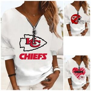 Kansas City Chiefs Women's Long Sleeve T-shirt Casual Wthite Tops with Zipper