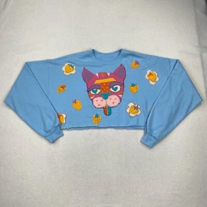 Handmade Sweatshirt Size XL Blue Crewneck Cropped Felt Cat Strawberries OOAK - Picture 1 of 10