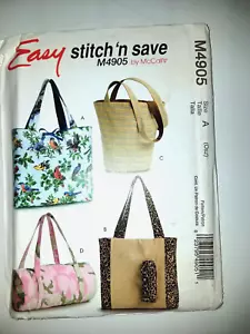 Sewing Pattern M4905 Bags 4 Styles One Size UNCUT McCall's Stitch 'n Save - Picture 1 of 3