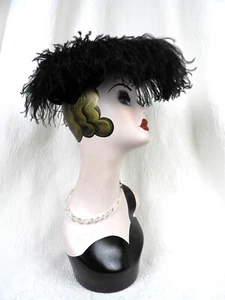 Vtg Black Velvet Ostrich Hat Dayire Orig NY 1930's Avant Garde One Size Fits - Picture 1 of 11